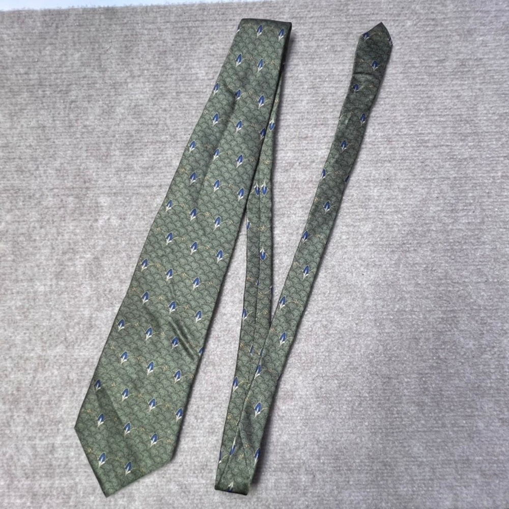 Bill Blass Black Label Silk Necktie Olive Green‎ Blue Art Deco Pattern Elegant